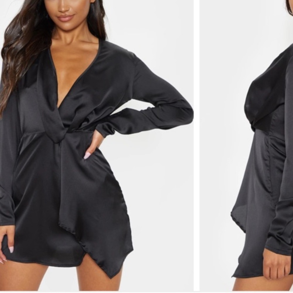 Black Satin Long Sleeve Wrap Dress